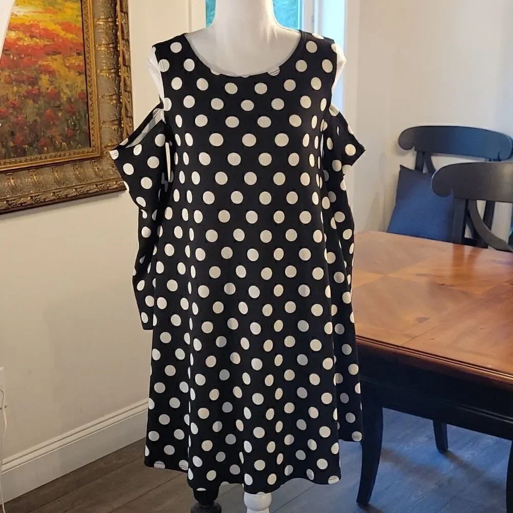 42 POPS sz sm,  black dress with white polka dots cold shouldered